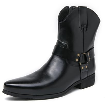 Xuanke Male Cowboy Boots Mens Chelsea Ankle Boots Durable Leather Side Zipper Heel Dress Calf Boo-ts for Men Water-Resistant Comfortable Riding Casual Work Footwear (Black,9)