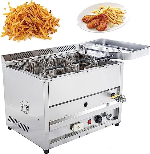 Commercial Gas Deep Fryer, Countertop Propane Gas Fryer, Freestanding Temperature Control, Gas Deep Fat Fryer Stainless Steel Tanks Basket Tabletop, Large Capacity Tank D（Style2）