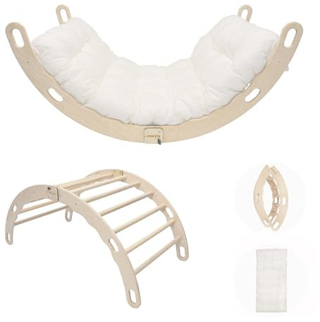 MAMOI® Balancín de Madera con cojín, Estructura Plegable Multifuncional, Arco para Entrenamiento y relajación, Escalera y Columpio de Ocio, construcción Universal para Interiores