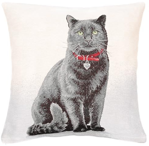 textile idea Kissenbezug 45x45 Gobelin, Deko Kissen mit Motiv, Kissenhülle, Dekokissen, Sofakissen - Schwarze Katze mit Halsband 1 STK.