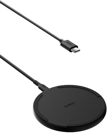Belkin Pad di ricarica wireless (15 W), caricabatterie Qi per Apple iPhone 16, iPhone 15/14/13, AirPods, Samsung Galaxy S25, Galaxy S24, Pixel, incl. cavo da 1,5 m (senza alimentatore), nero