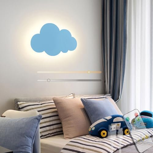 GZZBMY LED Akku Kinderzimmer Wandleuchte Dimmbar mit Fernbedienung Wandlampe Touch Schalter Wolken Wandbeleuchtung 3 Farben Einstellbar USB Aufladbar Babyzimmer Schlafzimmer Wohnzimmer (Blau)