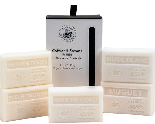 La Maison du Savon de Marseille - French Soaps - Organic Shea Butter Skincare Gift Set - White Collection - Sweet Almond - Cotton Flower - Lily of the Valley - White Musk - Coconut - 5 x 125g Bars