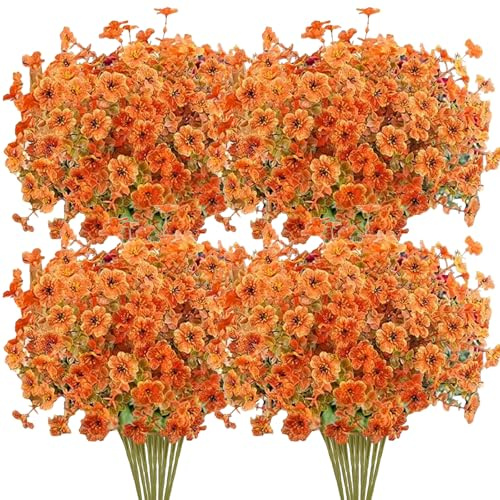 ELLECILA 12 Bundles Artificial Autumn Flowers, Outdoor Fake Fall Flowers for Outside Decoration, UV Resistant Faux Violet Eucalyptus & Orange Blooms for Porch, Garden, Vase, Farmhouse Wedding
