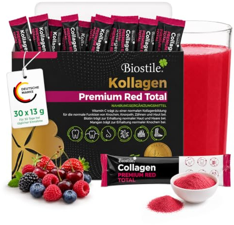 Biostile Collagen Premium Red Total | Kollagen Pulver 8600 mg | Mit Hyaluronsäure, Vitamin C, Curcumin & Shilajit | Collagen Drink Rote Früchte | Für Haut, Haare & Gelenke | 30 Beutel