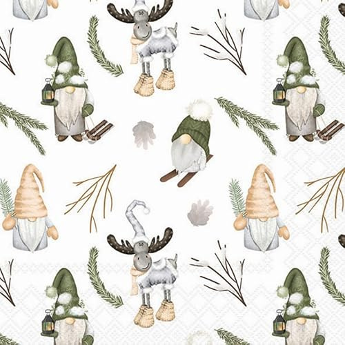 20 Servietten Weihnachten Gnome und Rentiere als Tischdeko. Papierservietten mit Motiv. Auch für Decoupage und Serviettentechnik 33x33cm
