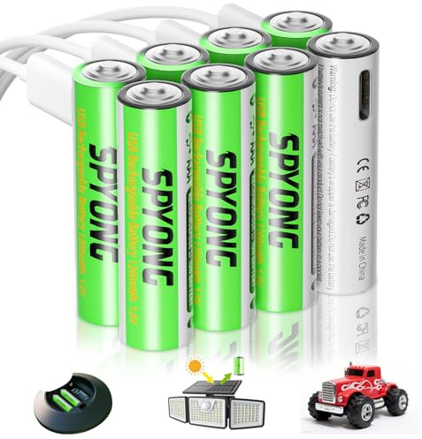 SPYONG Rechargeable AAA Batteries Lithium 8 Pack 1200 mWh Lithium Ion, 1.5V, Includes 4-in-1 USB-C, 1500 Charge Cycles, 40-Min Full Charge, LED Charge Indicator