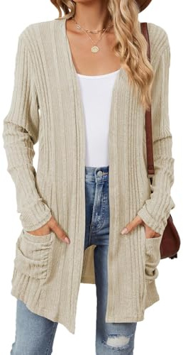 Famulily Longline Loose Cardigans for Women UK, Fall Winter Cosy Open Front Sweater Ribbed Cardigan with Pockets