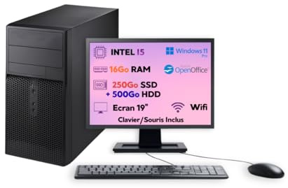 PC Tour Reconditionné Intel Core i5 3.4GHz — Écran 19 Pouces • RAM 16 Go • SSD 250 Go + HDD 500 Go • Windows 11 Pro • Wi-FI — Garantie 12 Mois