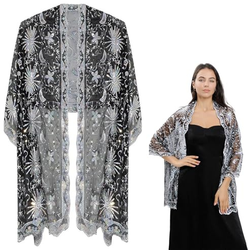 Yeria Cape Stola Damen mit Sternen und Mond Festlicher Umhang Bolero für Abendkleider, Hochzeiten,Weihnachtsfeiern,Indischer Stil, Pailletten Design