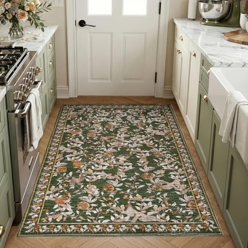 TOPICK Runner Rugs for Hallway 80x150, Washable Non Slip Vintage Rug, Green | Luxury Soft Cashmere Feel Short Pile, Carpet Runners for Entryway, Kitchen, Bedside, Laundry Room, Bedroom, Living Room