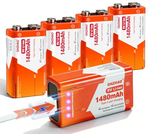 OHZHAO Lot de 5 Piles Rechargeables 9V, Piles 9V Longue durée de 1480mAh avec Affichage LED, Recharge Via USB-C avec câble de Recharge pour détecteurs de fumée, multimètres