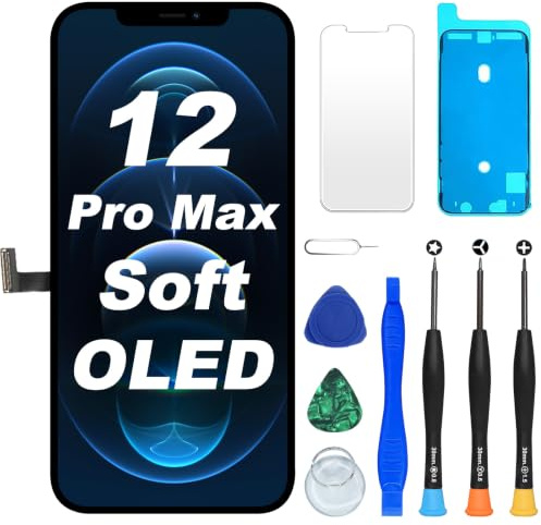 DIGI4U Soft OLED für iPhone 12 Pro Max Display Ersatzbildschirm 6.7 Zoll True Tone FHD COP Display Digitizer Assembly mit Reparaturwerkzeug, Displayschutzfolie und wasserfestem Kleber