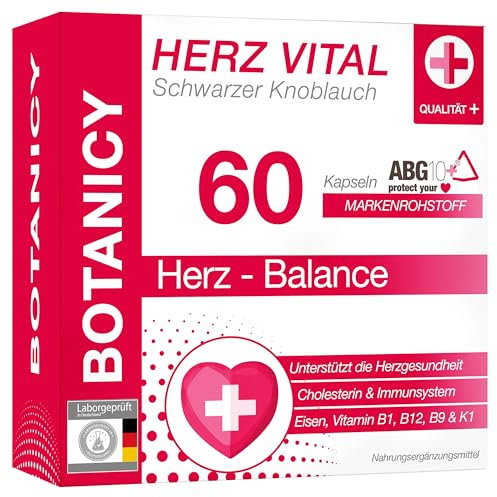 BOTANICY Herz Vital - 60 Schwarzer Knoblauch Kapseln - ABG10+ Extrakt mit S-Allyl Cystein - Herz, Blutdruck, Gefäße - Plus Eisen, Vitamine B1, B9, B12 & K1 - Hohe Bioverfügbarkeit, Geruchlos, Vegan