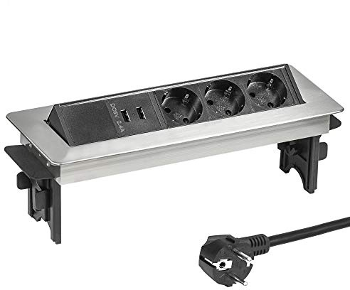 Elbe Inno® Versenkbare Tischsteckdose für Die Arbeitsplatte (3 Steckdosen & 2 USB), Mehrfachsteckdose mit Halbautomatischer Deckel für Büro, Einbausteckdose aus Aluminium in Schwarz-Grau Optik