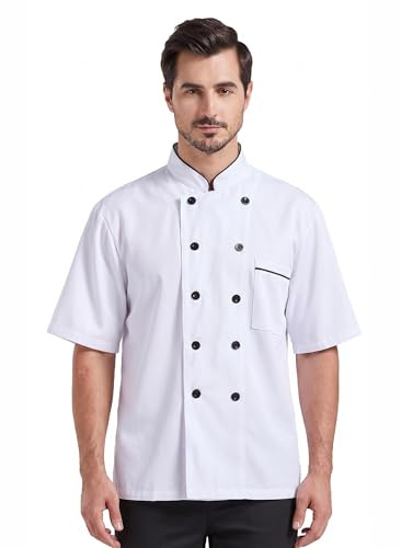 Nanxson Men's Chef Jacket with Double-Breasted, Short/Long Sleeve | Lightweight Catering Uniform for Chefs, White Chef Coat