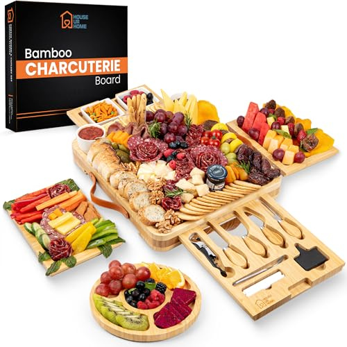 Bamboo Charcuterie Board Gift Set | Large Cheese Board with Hidden Drawers, Knives & Bowls | Perfect Housewarming, Wedding for Couples and Hosts