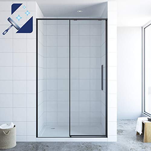 AQUABATOS® 120 x 195 cm Schiebetür Dusche SlimLine Design schwarz matt Black Style Duschtür Gleittür in Nische Nischenschiebetür Duschwand Glas Nischentür 8 mm ESG mit Lotus Effekt Nano Beschichtung
