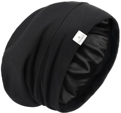 YANIBEST Slouchy Beanie Hat Satin Lined Sleep Cap Satin Bonnet Chemo Headwear Caps for Women and Men Pure Black