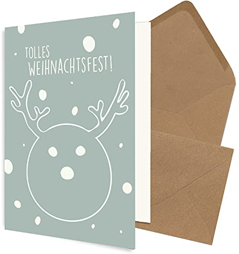 NEUSER PAPIER 100x nachhaltiges Weihnachtskarten-Set DIN A6 in Blau mit Rentier und Text - Faltkarten mit Umschlägen DIN C6 in Kraftpapier Sandbraun - Weihnachtsgrüße für Firmen und Privat