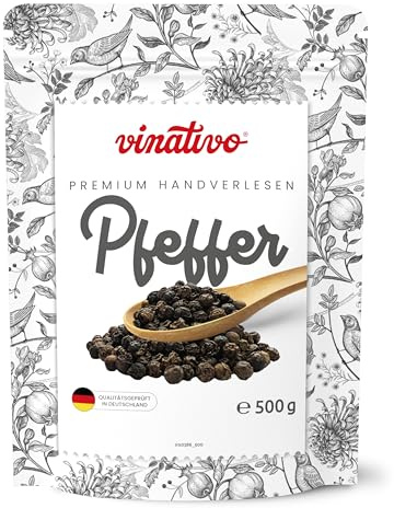 vinativo Schwarzer Pfeffer - ganz - 500g - Premium Qualität - schwarze Pfefferkörner für die Mühle geeignet