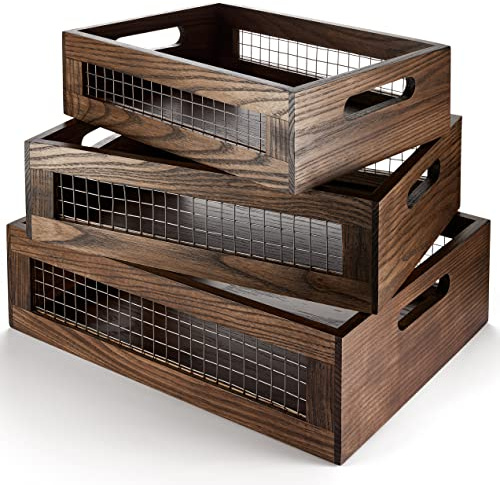 NAGAWOOD Set of 3 Extra Large Wooden Nesting Countertop Baskets, Rustic Wood Storage Organizer for Kitchen, Pantry or Bathroom – Fruit, Vegetables, Bread Crates with Handles (Largest 16)