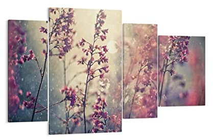 Mehrteilige Bilder auf Leinwand Blumen Regen Licht Leinwandbild 120x70cm Wandbilder Dekoration Wohnzimmer Schlafzimmer Set 4 teilige Groß Wanddeko Bild Wand Kunstdruck Art Decor Canvas DL120x70-4218
