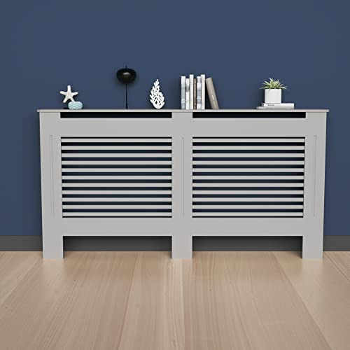 FATIVO 90cm Tall Radiator Cover Extra Height Gray Horizontal Slat MDF, L | MDF Radiator Cabinet, Anti-Tipping Device, Ventilated Design, Heat Protection, Decorative Top Shelf for Living Room Hallway