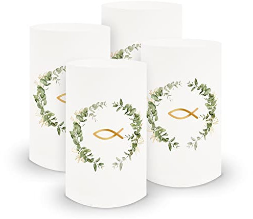 itenga 6X Windlicht Tischlicht aus Folie I Fisch Eukalyptus I 10cm I ideal als Tischdeko für Kommunion Konfirmation I geeignet für Teelichter oder LED-Kerzen