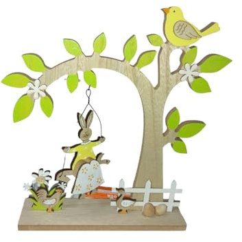 Albero di buona Pasqua con Tronco Rami in Legno e Coniglio sull'altalena addobbi pasquali Decorazioni Scritta Happy Easter-Giallo