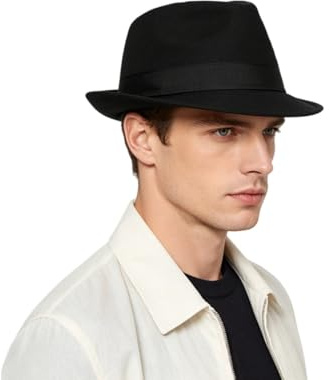 ITODA Men Fedora Trilby Hat Classic Fedora Panama Hats Elegant Short Brim Jazz Cap Vintage Roll-up Gentleman Bowler Hat Gangster Party Headwear for Men Women Black
