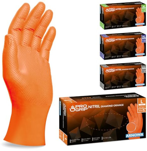 50x PROGRIP Guanti nitrile L Arancione [Extra resistenti], Guanti monouso plastica, 2x più spessi, con finitura diamantata, Guanti in nitrile per industria e montaggio, guanti lavoro