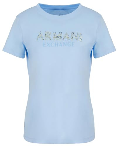 Armani Exchange Maglietta da Donna con Logo Rhinestone, Blue River, S