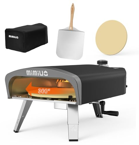 Mimiuo Gas Pizzaofen mit Manuellem Drehfunktion und Gasdruckregler | Tragbarer Gasofen für Garten & outdoor, Enthält 33cm Pizzastein, Pizzaschaufel, Pizza-Abdeckung, Gas Pizza Oven