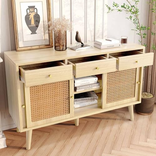 KOMHTOM Buffet Commode avec 3 Tiroirs et 3 Portes Coulissantes Meuble de Rangement en Bois Armoire pour Cuisine, Salon et Bureau, 120x 40x78CM (A-Chêne)
