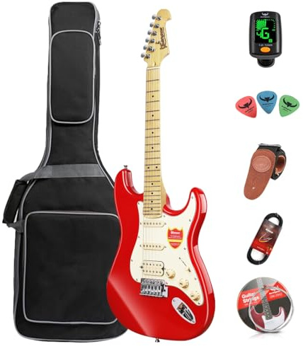 Bullfighter Kit de guitarra eléctrica para principiantes de 39 pulgadas, tamaño completo, bolsa, correa, cuerda, afinador, cable y púas (rojo)