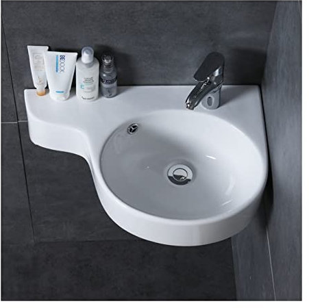 BYERZ HADWAO Lavabo de Salle de Bain Lavabo d'angle de Salle de Bain Lavabo Suspendu Lavabo Petit Mini Appartement Lavabo Triangle en céramique Mural Lavabo Blanc (Couleur: 2 Trous à Droite) (1