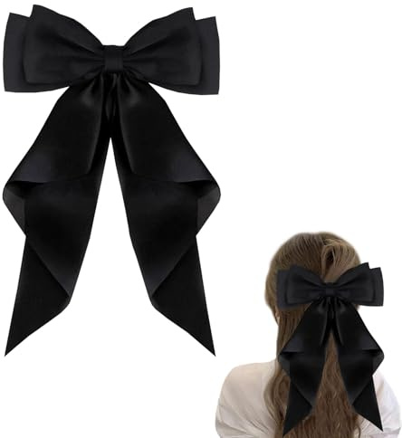 INBOLM Big Bow Hair Clips with Long Silky Satin,Bow Hair Clip, Hair Bows for Women Vintage Big Bowknot Hairpin Soft Satin Silky Solid Color Hair Clip for Women Girls(Black)