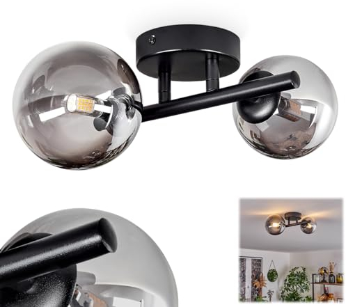 HOFSTEIN Plafoniera Chehalis, lampada da soffitto in metallo/vetro in nero/fumo/trasparente, in moderno design retrò/vintage con ombrelli in vetro (Ø 10 cm, 12 cm), 2 x G9