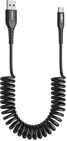SUNGUY USB C Spiralkabel, USB A auf USB C Kabel [0.5m-1.5m] Schnellladekabel Android Auto USB Ladekabel Typ C Datenkabel für iPhone 16/15 Pro Max, Galaxy S24 S23 S22 S10 S9 S8 S7, Mi9/8
