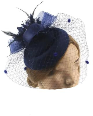 Yeuyyben Fascinator-Hut für Damen, Pillbox, Hüte und Kopfbedeckungen für Hochzeiten, Stirnband, Teeparty, Haarspange, Netzschleier, Kopfbedeckung für Damen, dunkelblau, Einheitsgröße