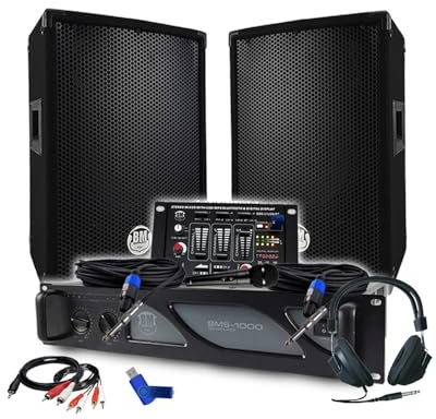 Pack Sono DJ BM Bmsonic Amplificador 1000 W, par de altavoces pasivos 2 x 300 W, mesa de mezcla, auriculares, cables y micro+llave 32 G