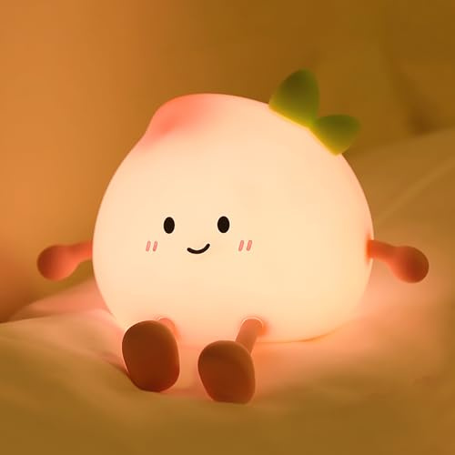 Vibbang Pfirsich Nachtlicht Kinder, LED Nachtlampe Touch mit 3 Helligkeitsstufen Dimmbar & 30-Minuten Timer, USB Aufladbar, Süße Silikon Stilllicht für Babyzimmer Stillen, Kindergeschenke