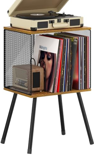 X-cosrack Record Player Stand with Storage up to 100 Albums, Retro Small Vinyl Record Holder - Adjustable Divider, Book/LP Record Storage and Organizer Vinyl Table for Living Room, Bedroom