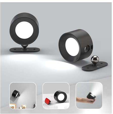 Koopala 2PCS Rechargeable Battery Operated LED Wall Lamps, Wall Mounted Lights with 3 Brightness 3 Color Temp Removable Charging 360°Rotate Magnetic, Cordless Wall Sconces for Reading Bedside-Black