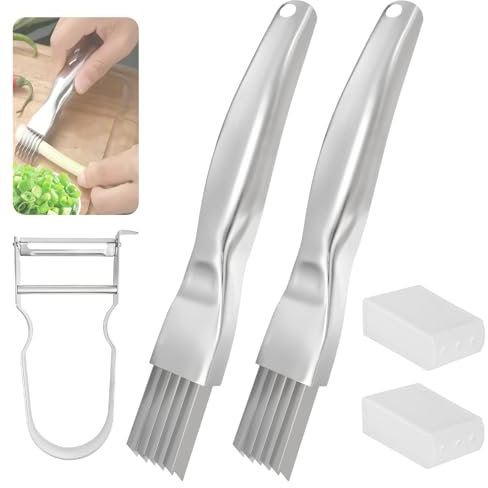 2 Scallion Cutter Shred Knifes, Multifunction Shred Silk The Knife, Stainless Steel Onion Chopped Slicer, Manual Green Onion Slicer Knife with Peeler, Shredder with Hole for Vegetables Fruits