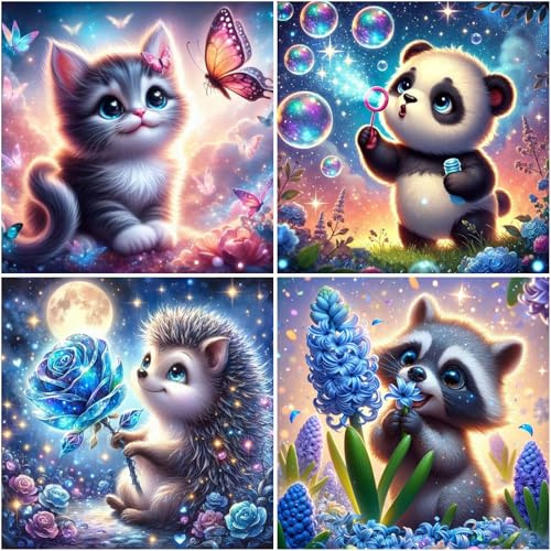 Viart 4er Set Diamond Painting Kinder Tiere,Panda Igel Waschbär Katze Diamant Painting Bilder Kinder,Tiere Diamond Painting Kids ab 4 6 8 10 12 Jahren(15x15cm)