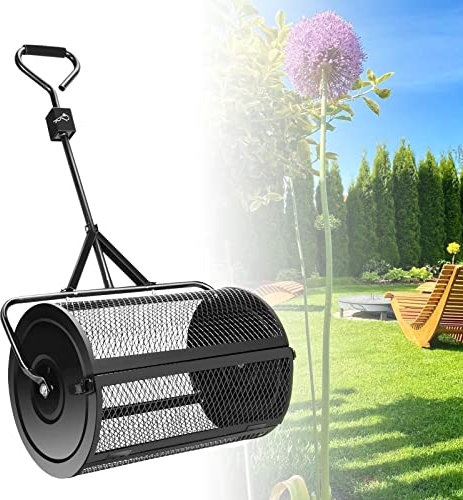 Spandiconcime per compost, spandiconcime per torba, spandiconcime da giardino da 24 pollici, spandiconcime con cestello in rete metallica in acciaio con manico a T, rullo spandiconcime multifunziona