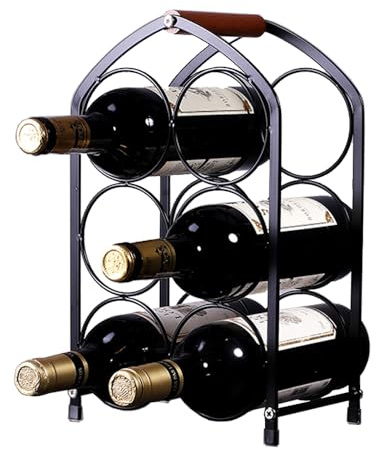 Metal Wine Rack, 6 Bottles Stackable Wine Organizer (Black, Door Type) | with Wooden Handle, 3 Tier Freestanding Wine Bottle Storage Rack for Countertop Table Top Coffee Bar Kitchen