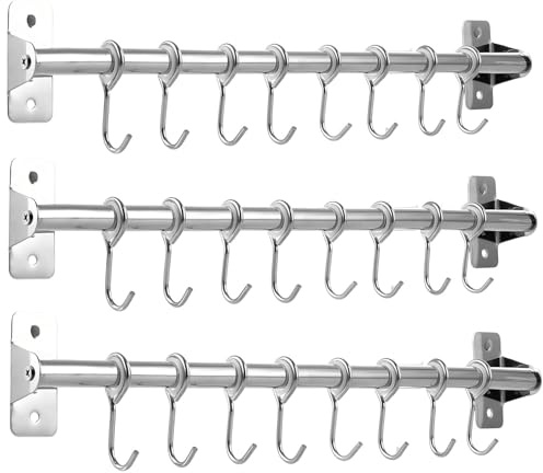 CYEER Kitchen Rail Wall Mounted Utensil Rack Set of 3, Stainless Steel Hanging Kitchen Rail with 24 Removable Hooks, Hanger Organizer Utensil for for Hanging Knives, Pot and Pan, 40cm/16inch